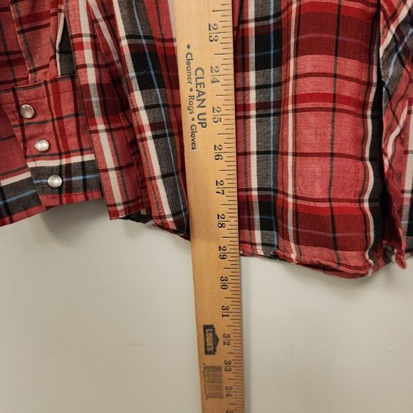 Border Town Pearl Snap Shirt Western Mens Medium Red Black Plaid Vintage - Picture 12 of 15